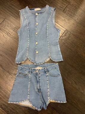Blue b. Denim Rhinestone Embellished Top & Shorts Set Small Sandro Vibe